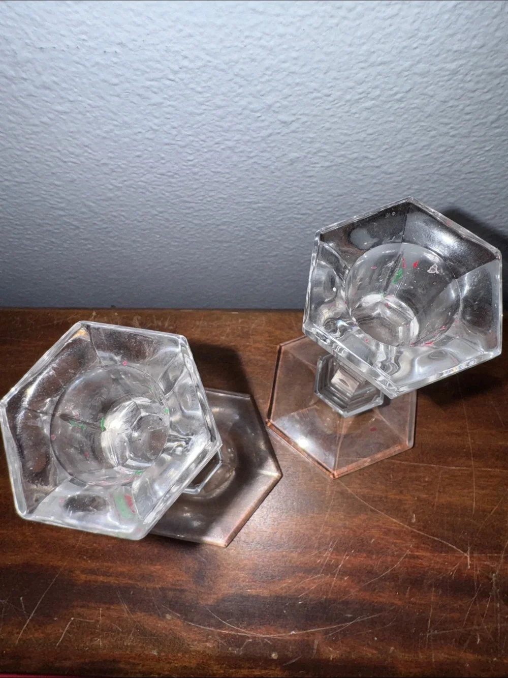 Vintage Pair of Clear Pressed Glass Candlestick Holders Hexagonal Base